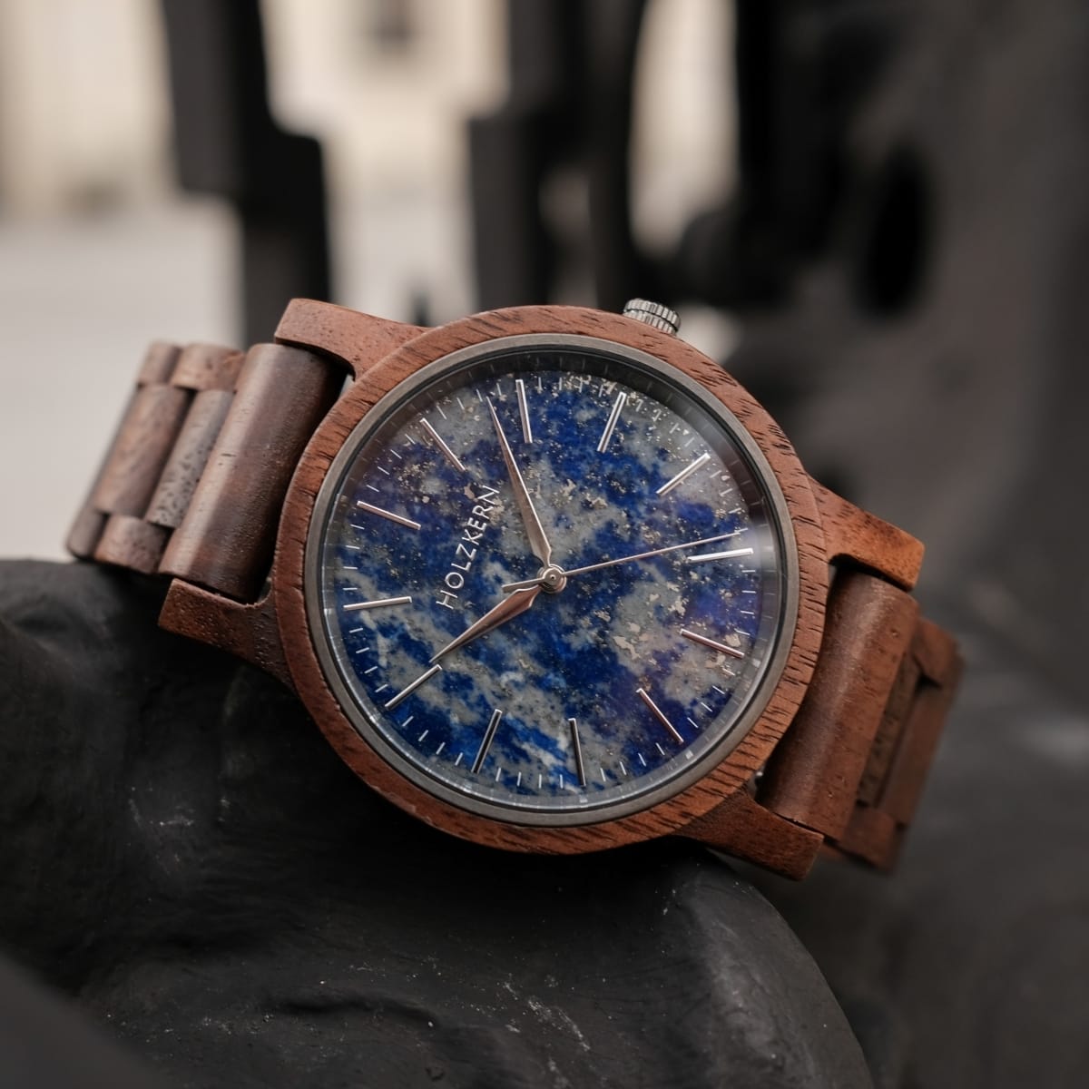 "Summer Evening" watch with wooden band and walnut casing, featuring a lapis lazuli-inspired dial.