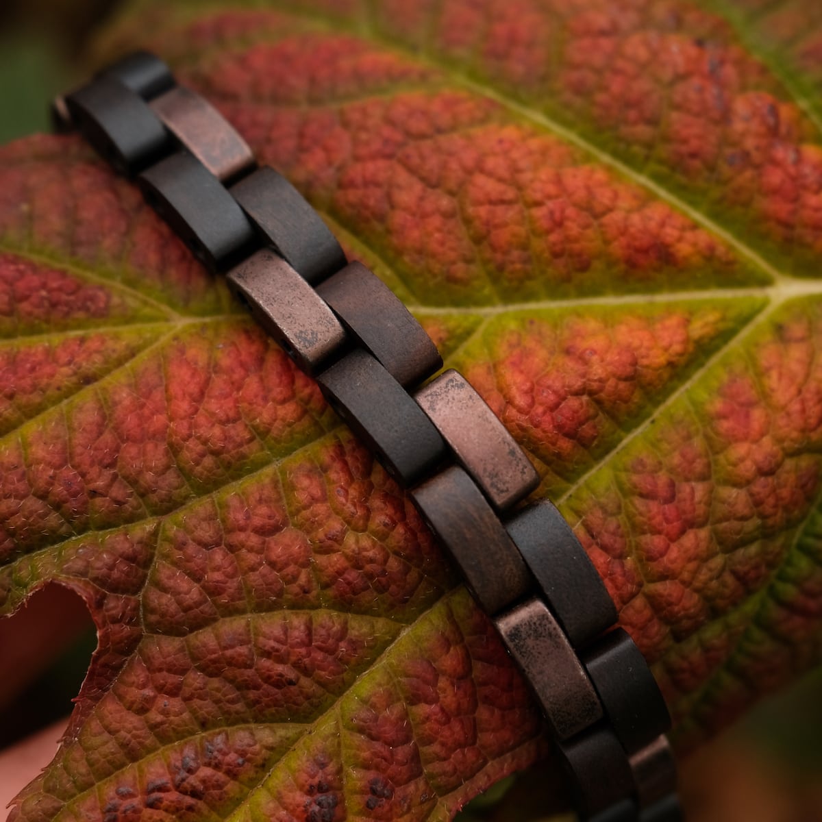 "Rondo", un braccialetto elegante, presenta un mix di acero e rame antico con un design moderno.