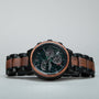 "Scattered" watch with marble face and koa wood accents, featuring a sleek and sophisticated design.