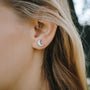Orecchini "Hue", forme delicate di mezzaluna con accenti blu e argento, elegantemente in stile su un orecchio.