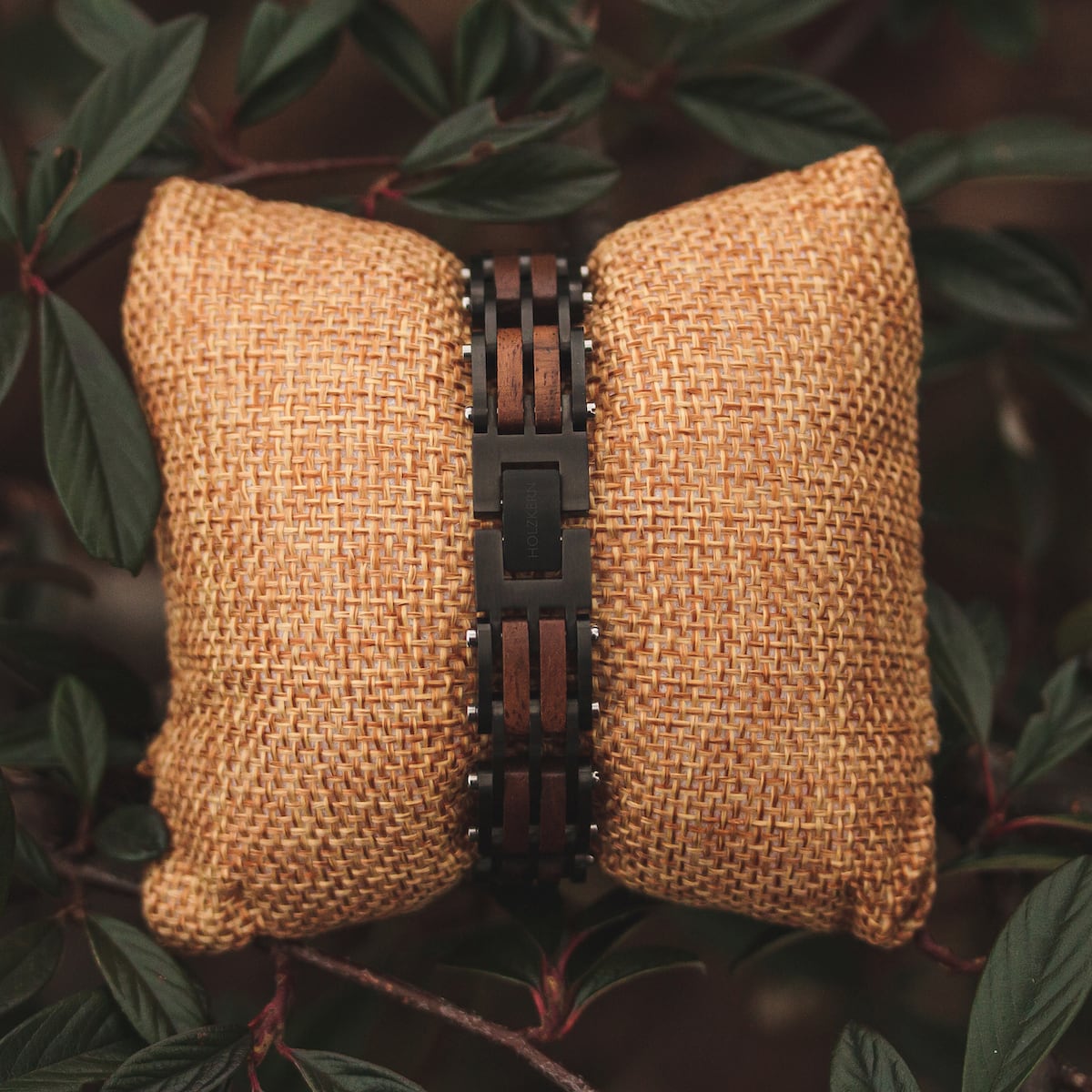 "Adagio" watch in walnut and gray, featuring a sleek, rustic style.