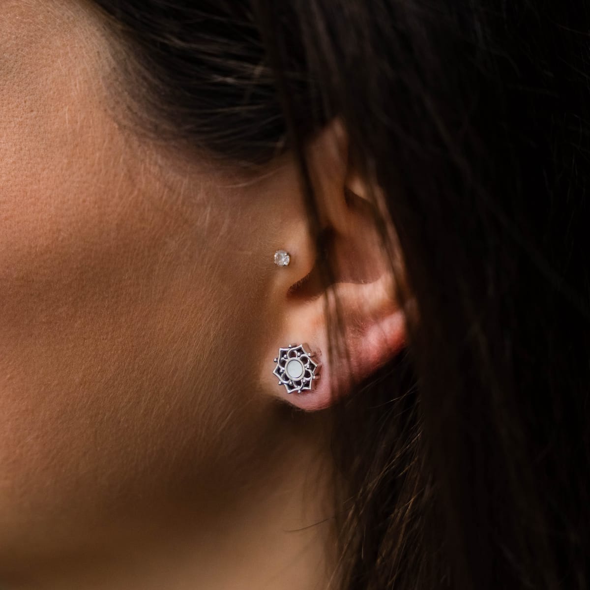 "Composition Earrings" - Elegant earrings featuring white nacre and silver in a modern geometric design.