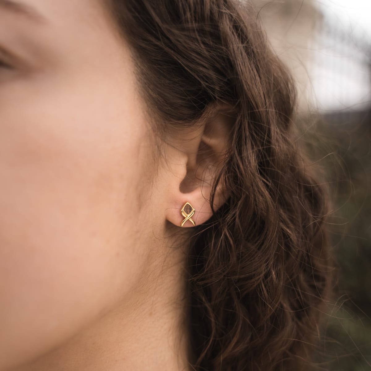 "Mosaic Earrings": Chic walnut and gold earrings with a modern mosaic design.