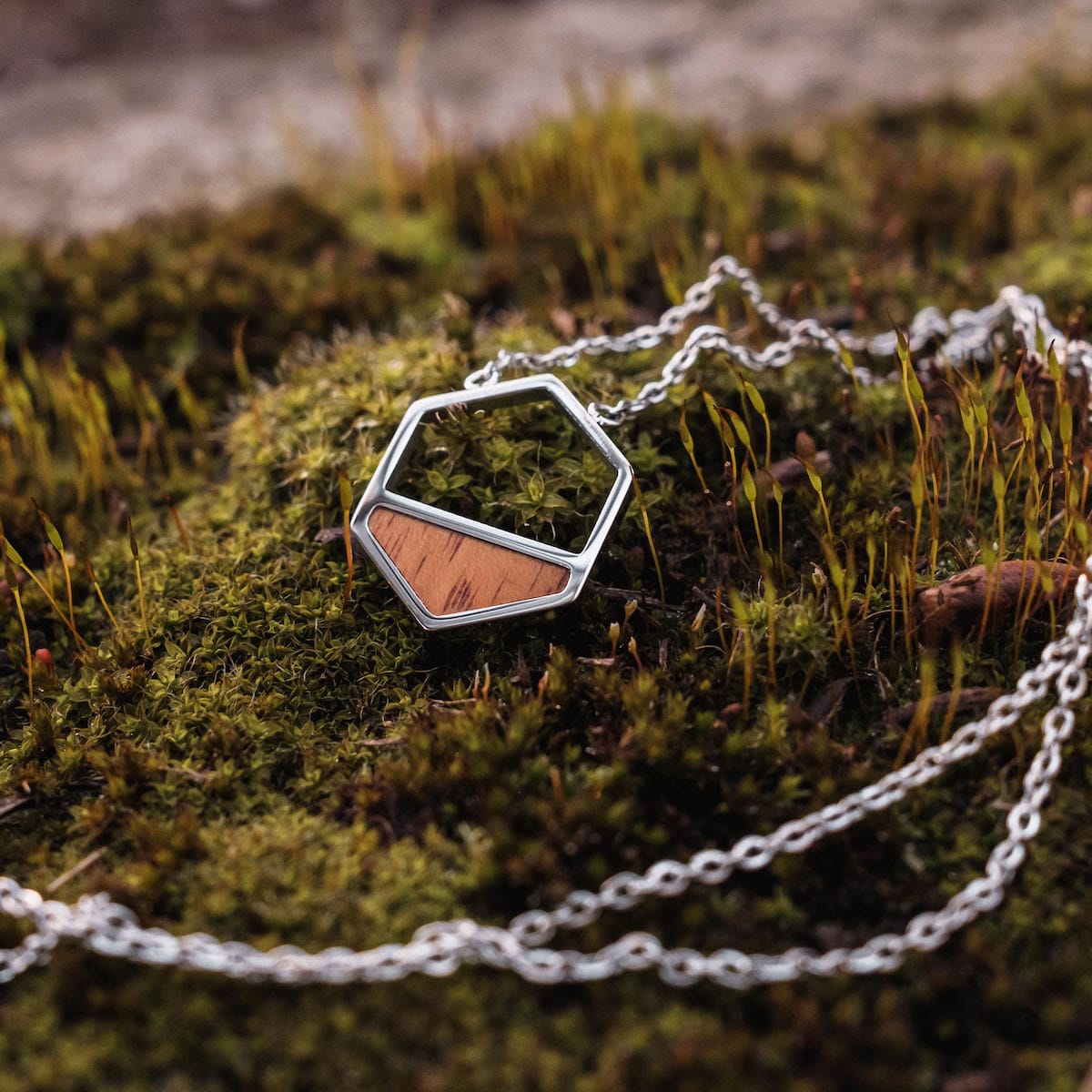 "Assemblage Necklace" is a stylish hexagonal silver necklace with koa wood detailing, showcased on a natural mossy background.