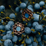 "Composition Earrings" earrings featuring intricate rose gold detailing with a blue nacre centerpiece.