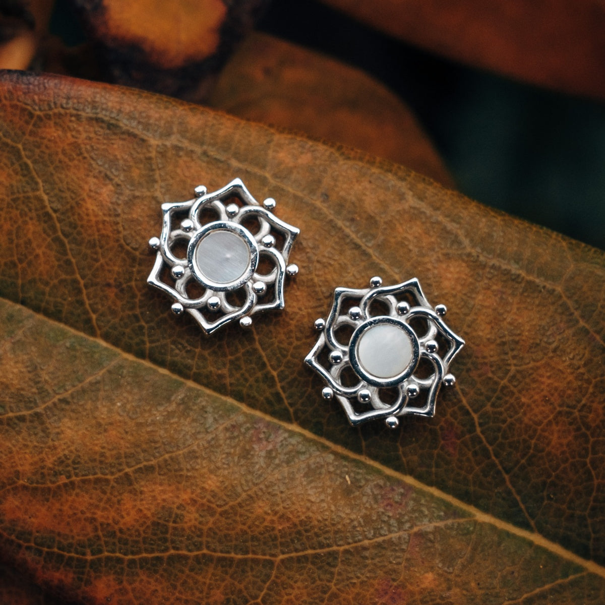 "Composition Earrings" earrings featuring an intricate silver design with white nacre accents on a natural leaf background.