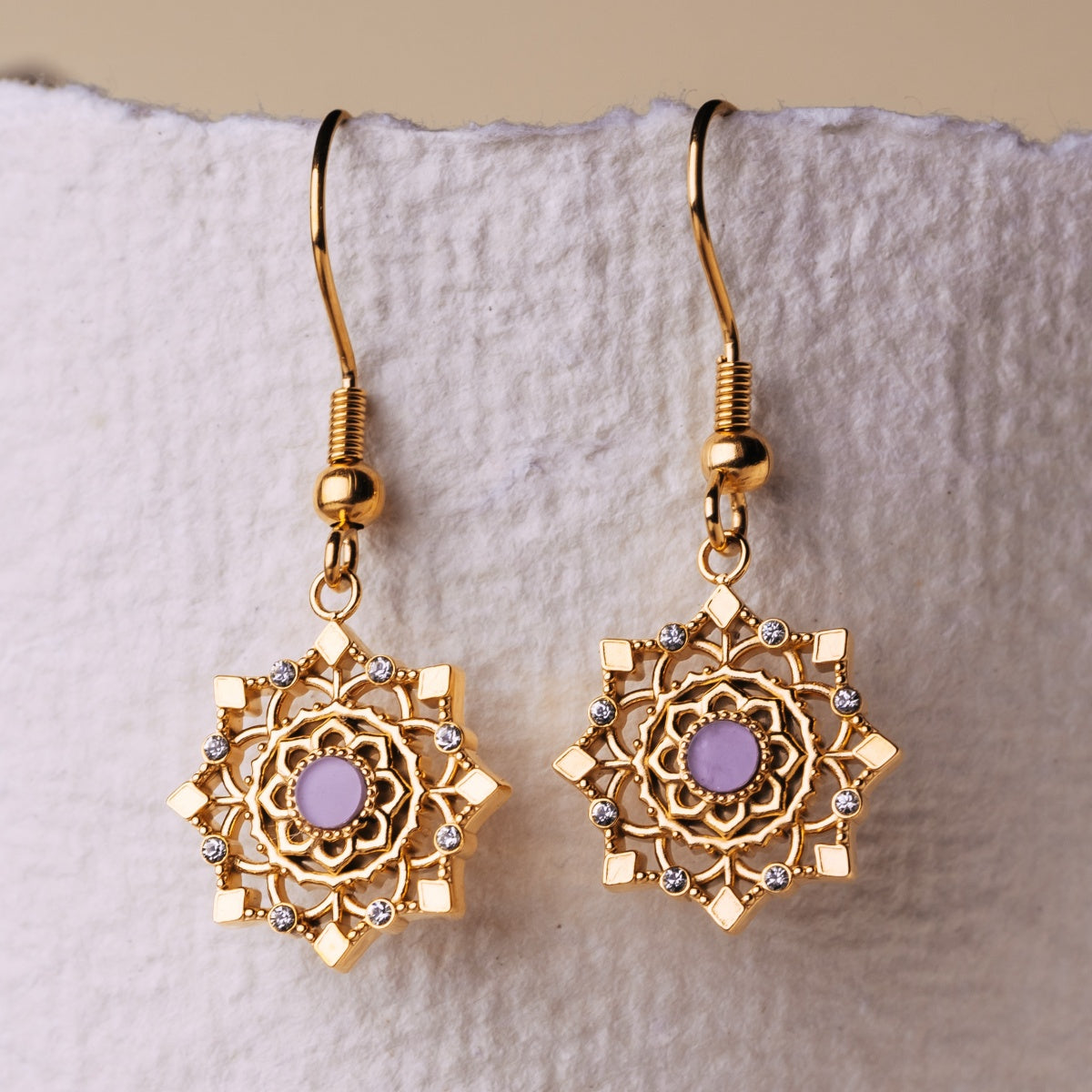 "Aphonia Earrings" earrings, amethyst and gold, intricate and elegant design.