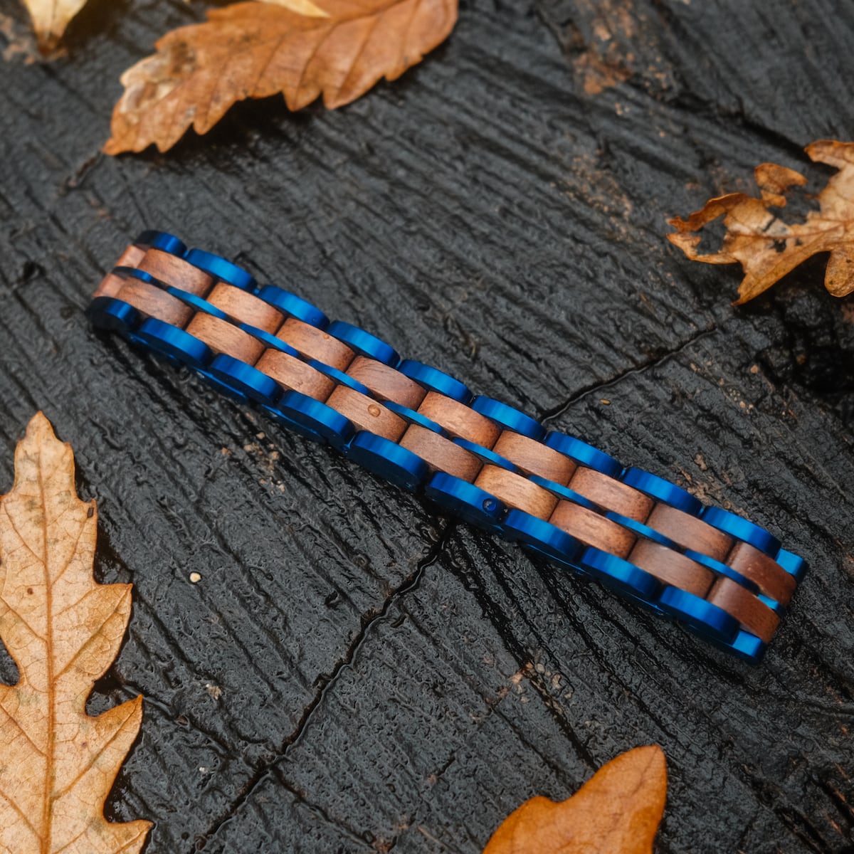 "Kanon" wristband with walnut wood and blue accents, featuring a sleek, natural style.