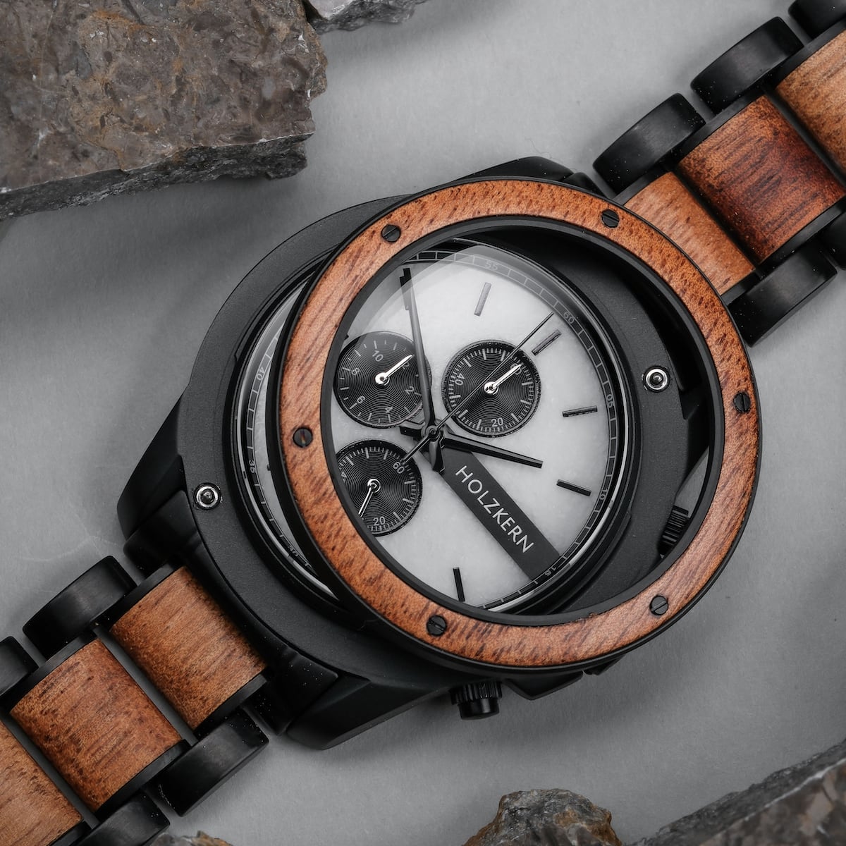 "Lancelot" watch featuring a teak and marble design with a modern, elegant style.