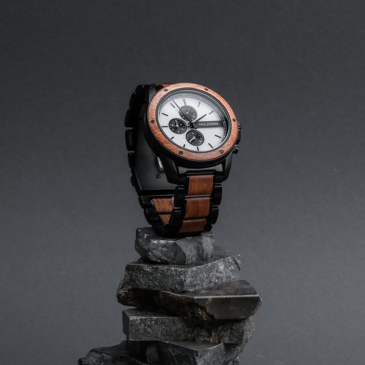 "Lancelot" watch featuring a modern design with teak and marble accents.