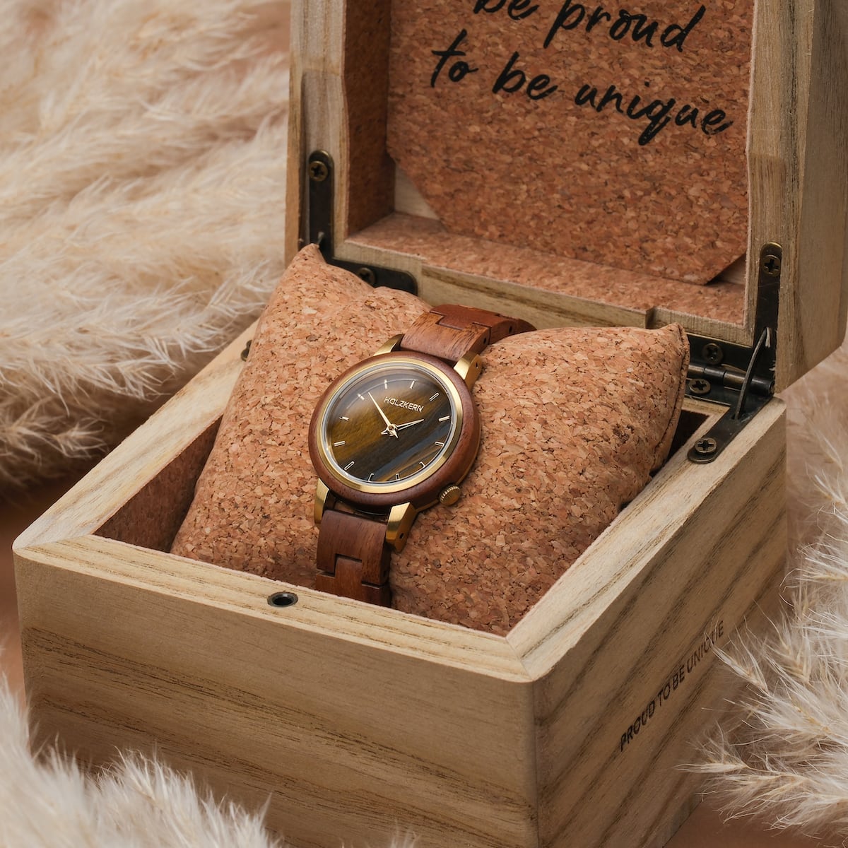 "Costa del Sol" wristwatch featuring koa wood and Tiger's Eye accents with a wooden box.