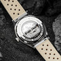 "DS9", a stylish watch with a marble and light gray design, featuring a sleek metallic finish and leather strap.