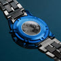 "Intergalactic watch with a striking Leadwood and Marble design, featuring a blue metallic case and stylish bracelet."