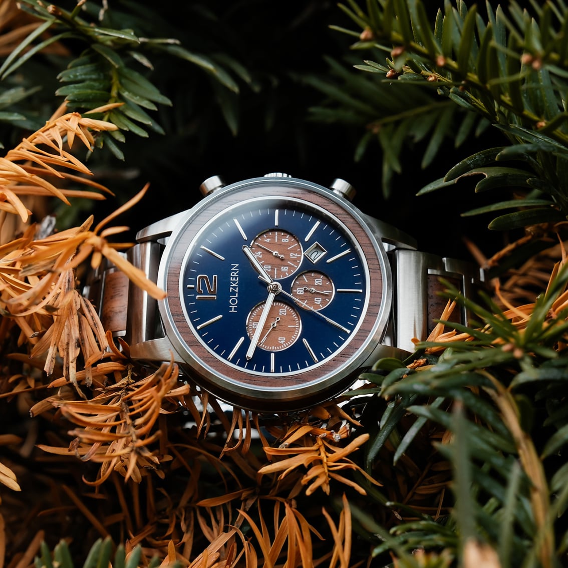 Orologio "Oscar" con un design in noce e blu, immerso tra i rami, che mostra un'estetica elegante e naturale.