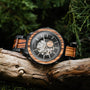 "San Juan" watch featuring zebrawood accents with a black and silver dial, showcasing intricate mechanical design.