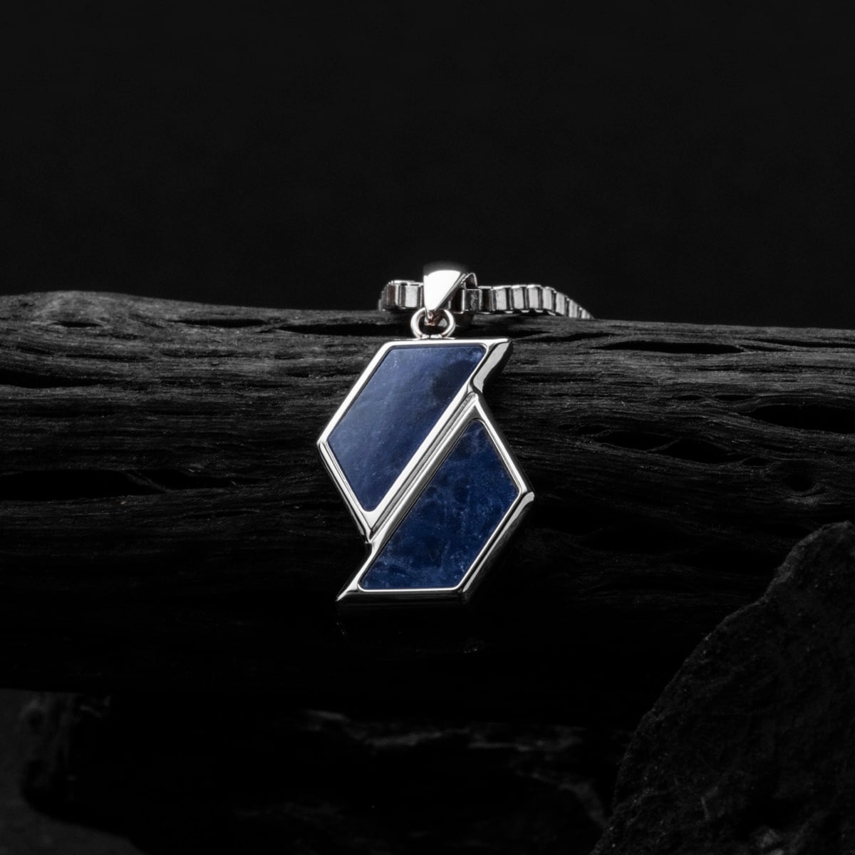 "Baritone Necklaces" necklace featuring silver and sodalite with a modern geometric design.