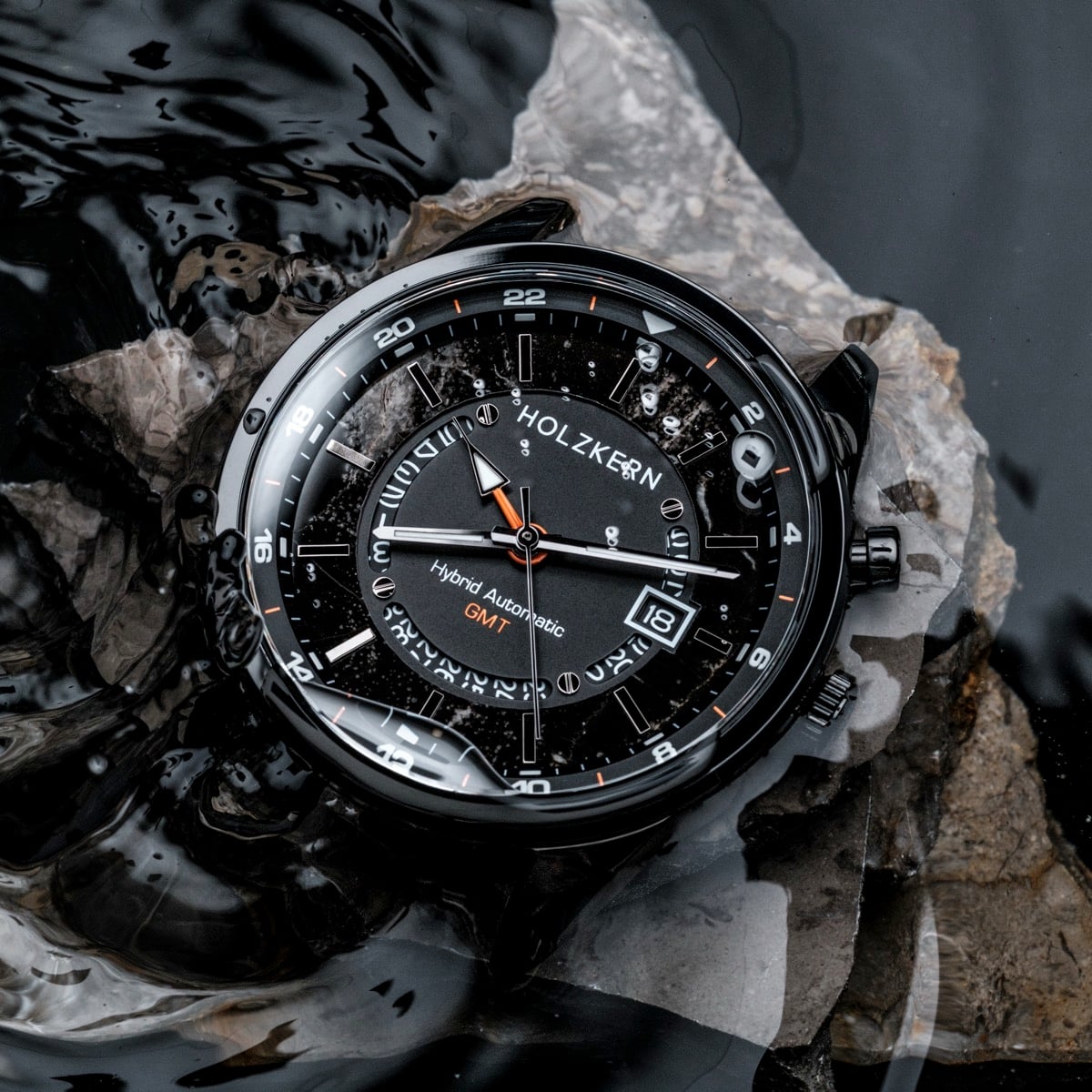 "Gmt Skywhirl" watch featuring a marble and black design with sleek, modern aesthetics.