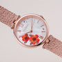"Everbloom" orologio con disegno fiore di prugne e cinturino in maglia oro rosa.