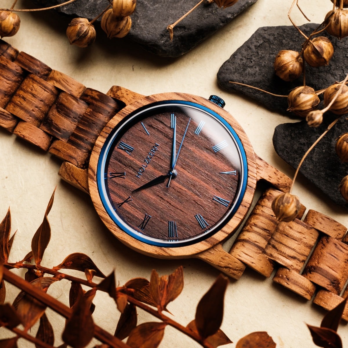 "Fall Morning" wooden watch, featuring a Zebrawood/Wenge design with a natural and rustic style.