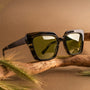 "The Exquisite sunglasses, featuring leadwood and khaki dust materials with a bold, earthy style."