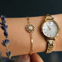 "Composition Gem Bracelet": Elegant bracelet featuring moonstone and gold accents on a delicate chain.