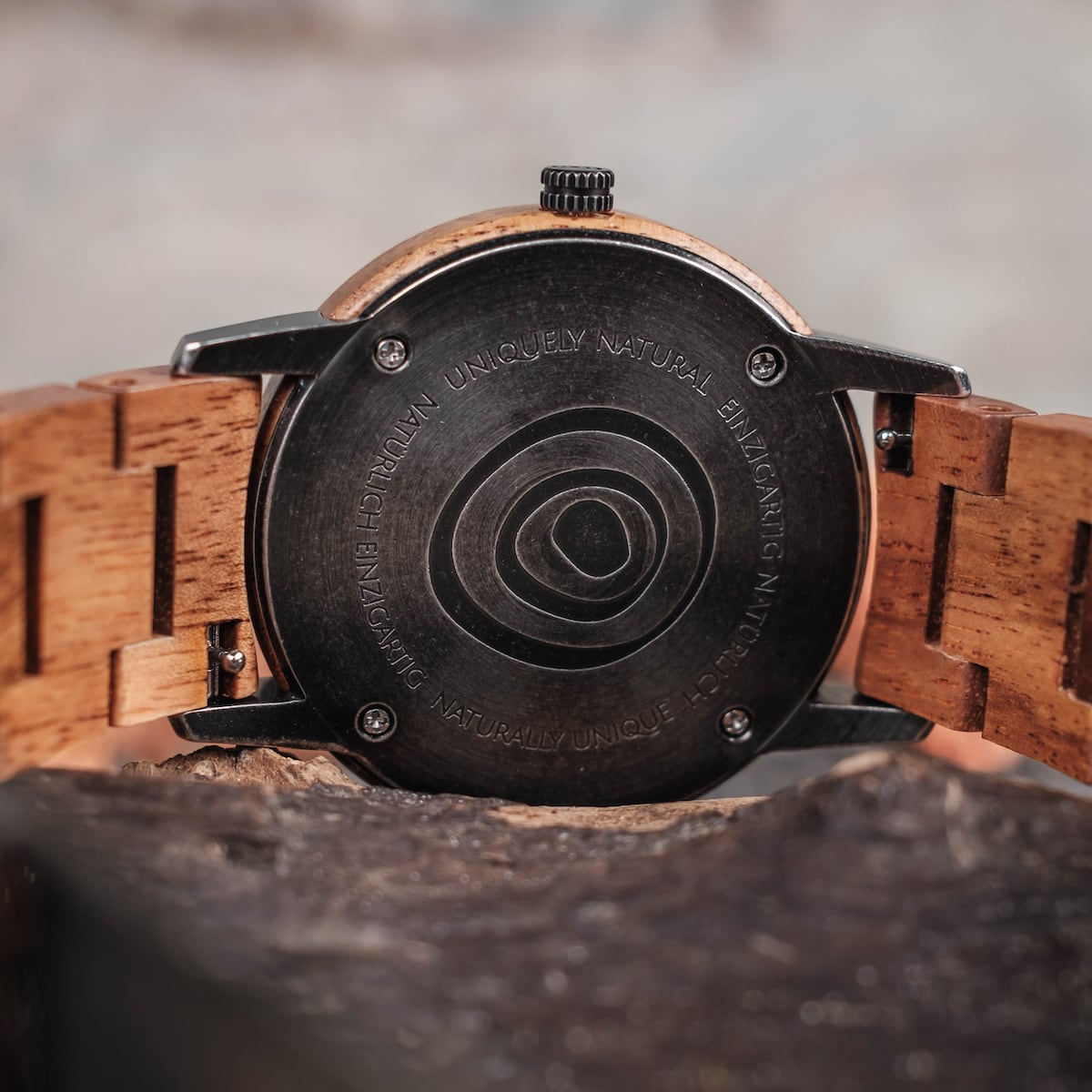 "Bob" wristwatch with koa wood and marble accents, showcasing a natural and elegant design.