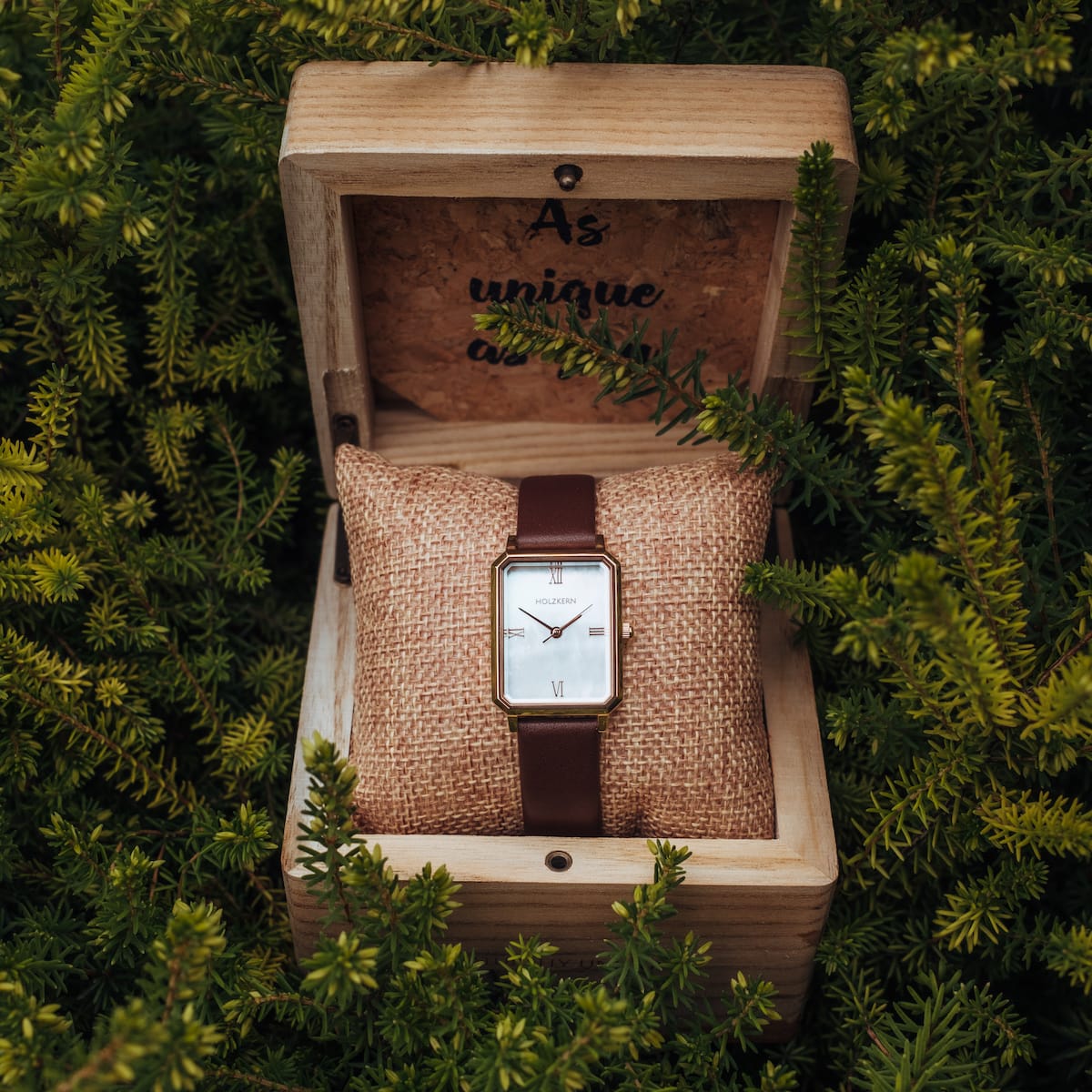 "Excellencia" watch in nacre and rose gold with a classic design, displayed in a rustic wooden box surrounded by greenery.