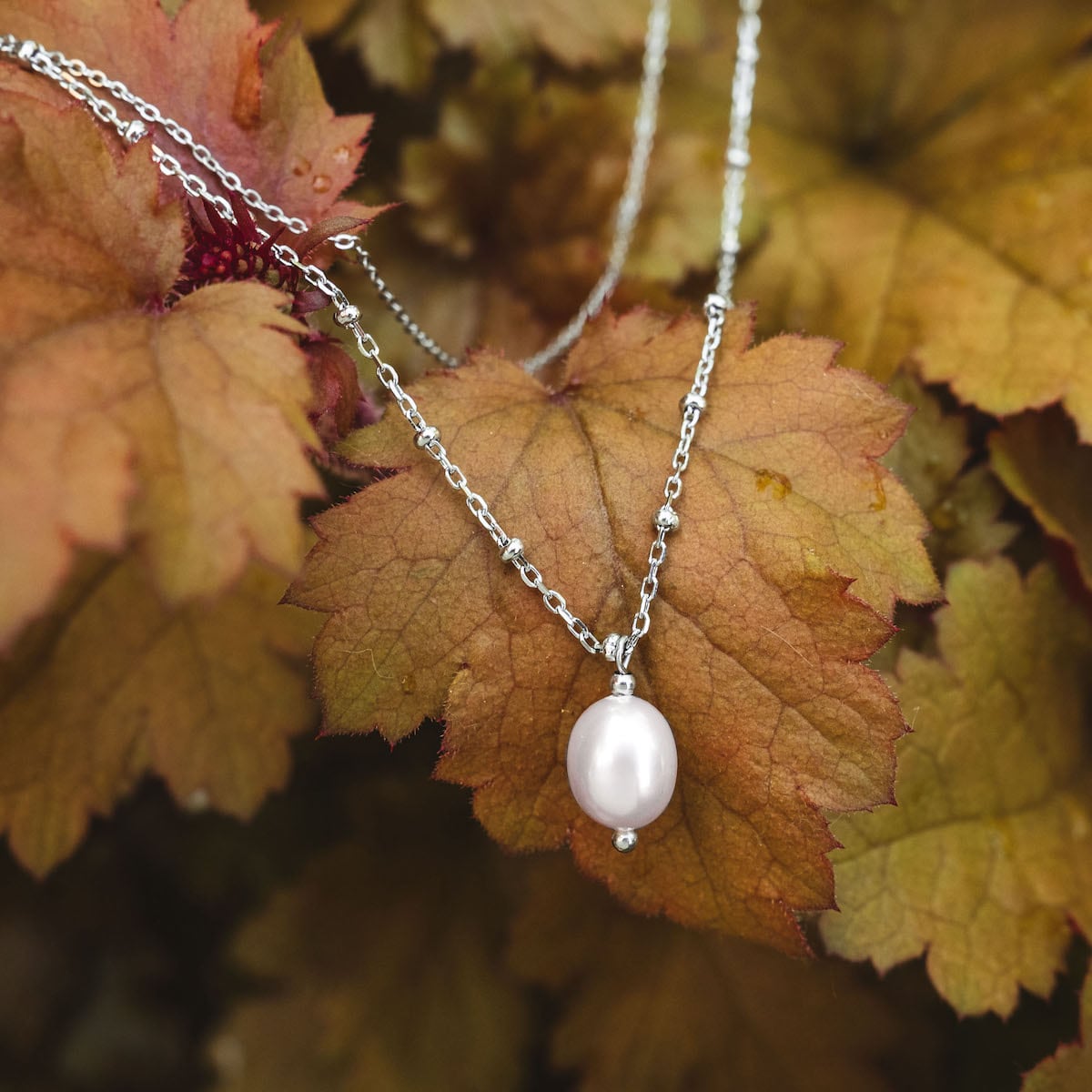 "Panoramic Necklace", elegant necklace with white pearl and silver accents against autumn leaves.