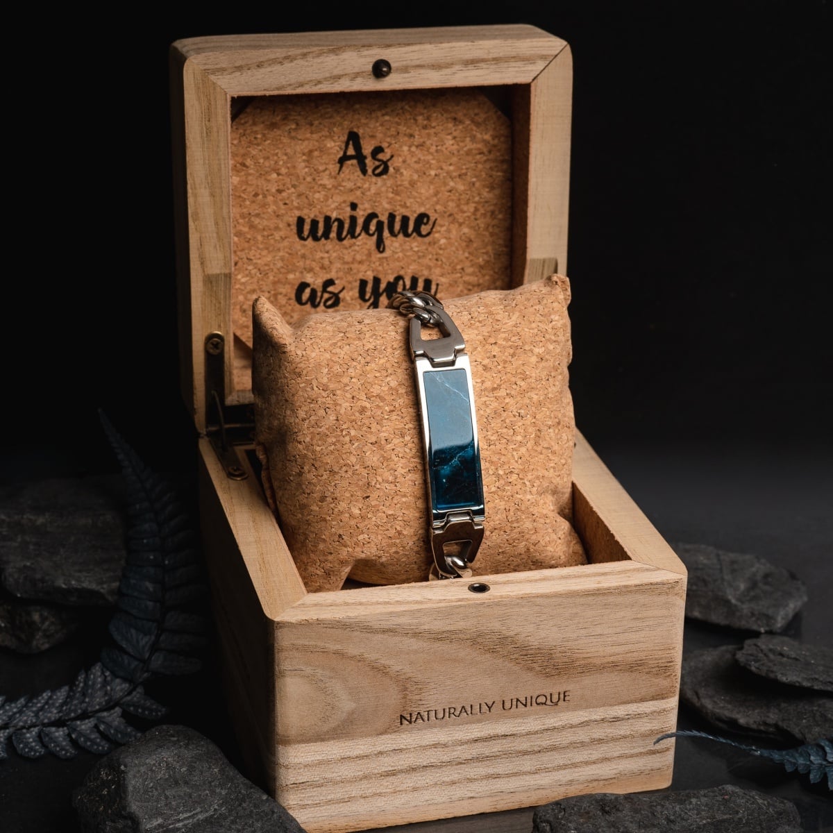"Modulus Bracelet" bracelet, featuring sodalite and silver, elegantly displayed in a wooden box.