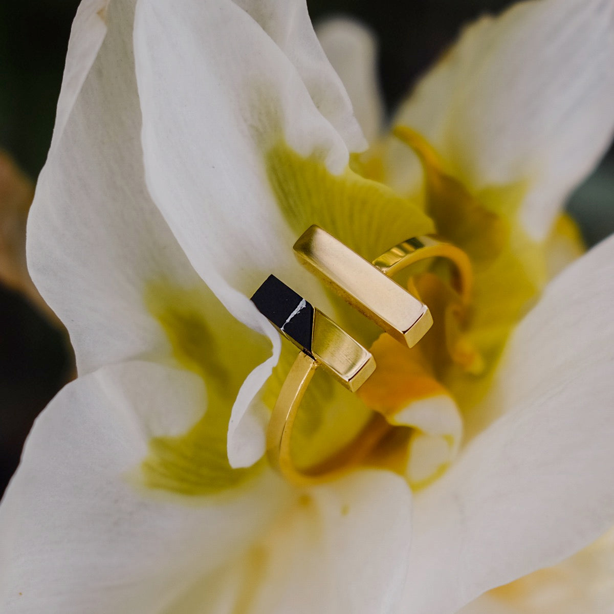 "Campania Ring": a modern, elegant ring featuring marble and gold accents.