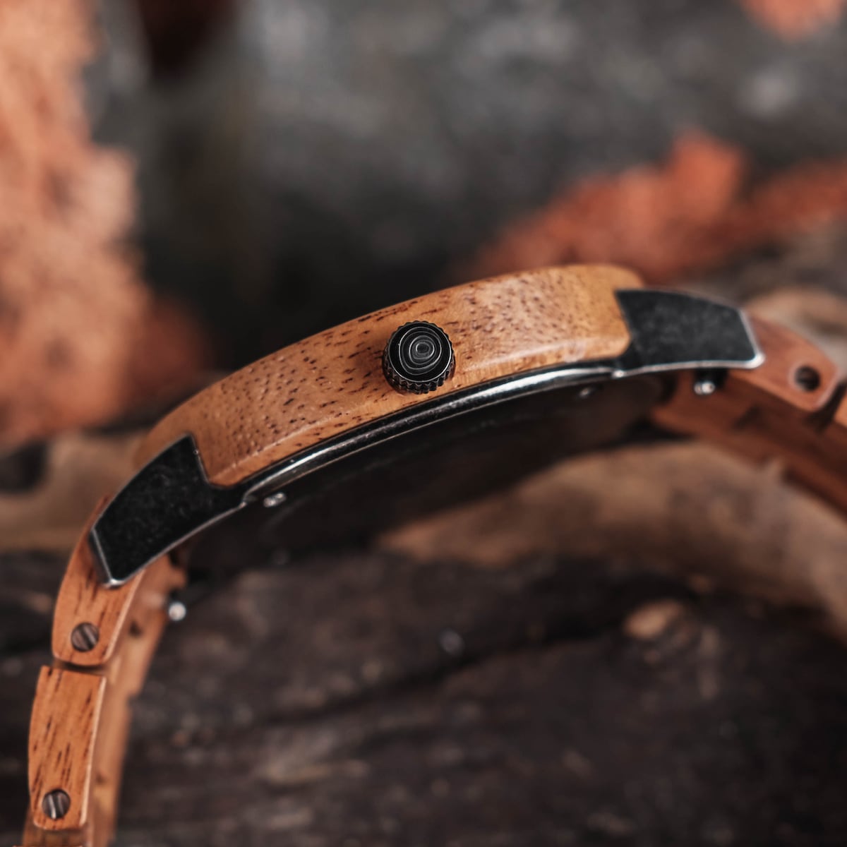 "Bob" watch featuring a natural koa finish and marble accents, showcasing a rustic and elegant design.