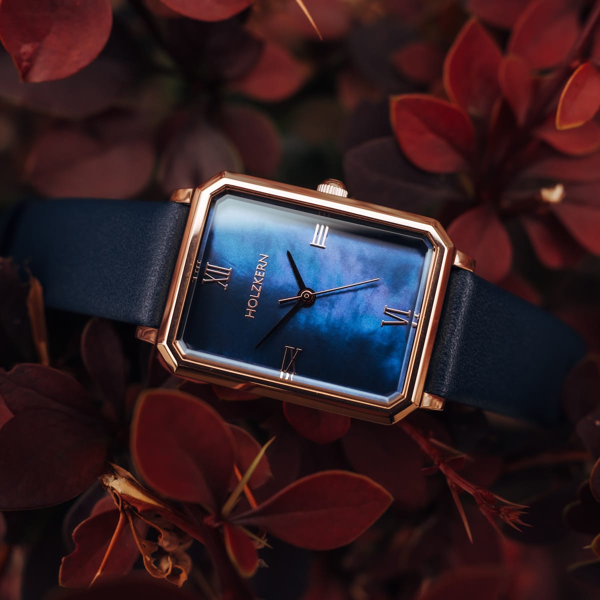 "Sapientia", a sophisticated watch with a nacre face and rose gold accents, features a sleek, nature-inspired design.