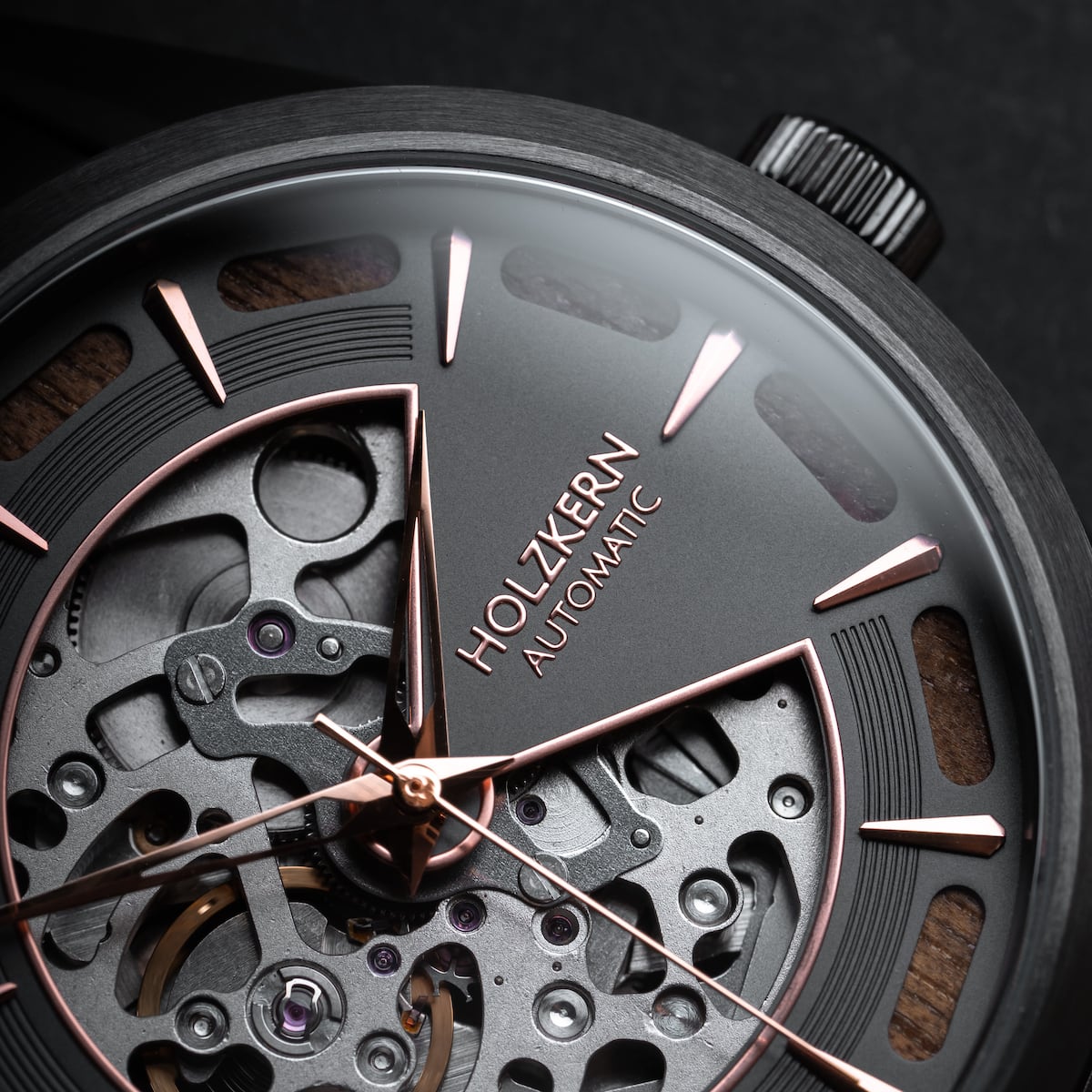 "Tenoumer" watch with detailed Koa wood and dark grey accents.