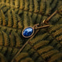 Orecchini a specchio: eleganti orecchini con oro e lapis lazuli, in stile contro foglie di verde lontano.
