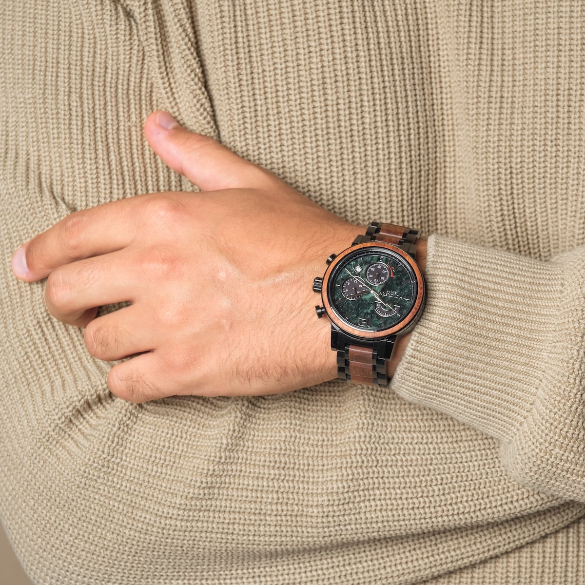 "Scattered" watch with marble and koa details, featuring a stylish and modern design.