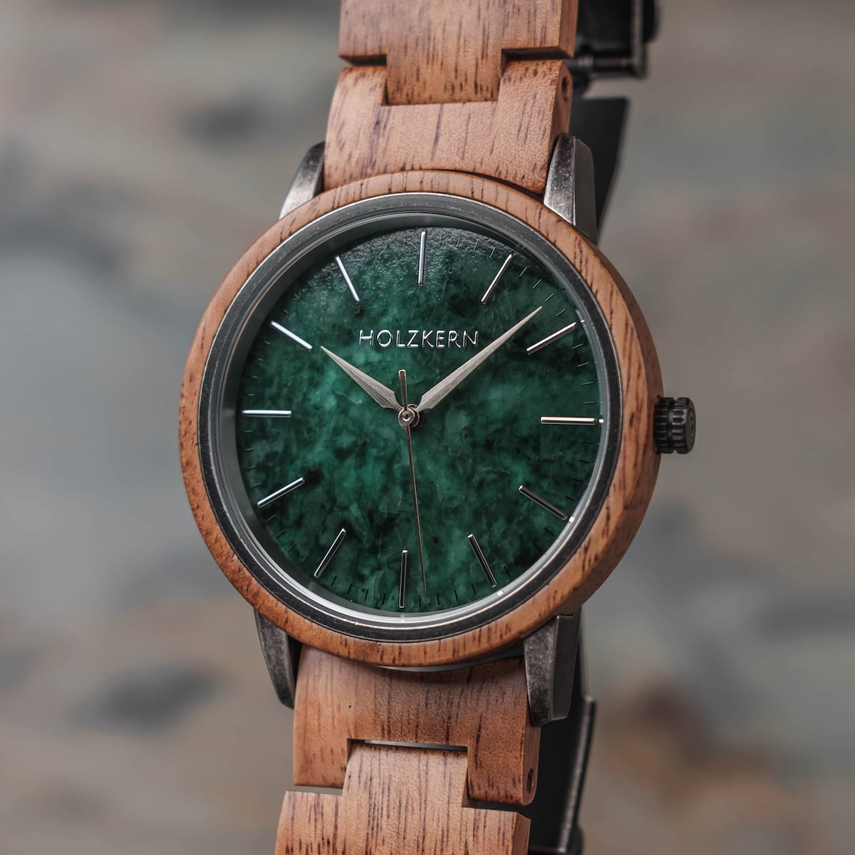 "Bob" watch with koa wood and marble, featuring a natural and elegant design.