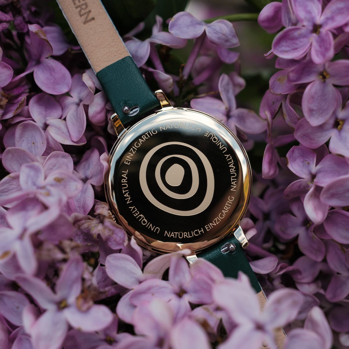"Wangari" watch with zebrawood and gold accents, featuring a unique design amid vibrant purple flowers.