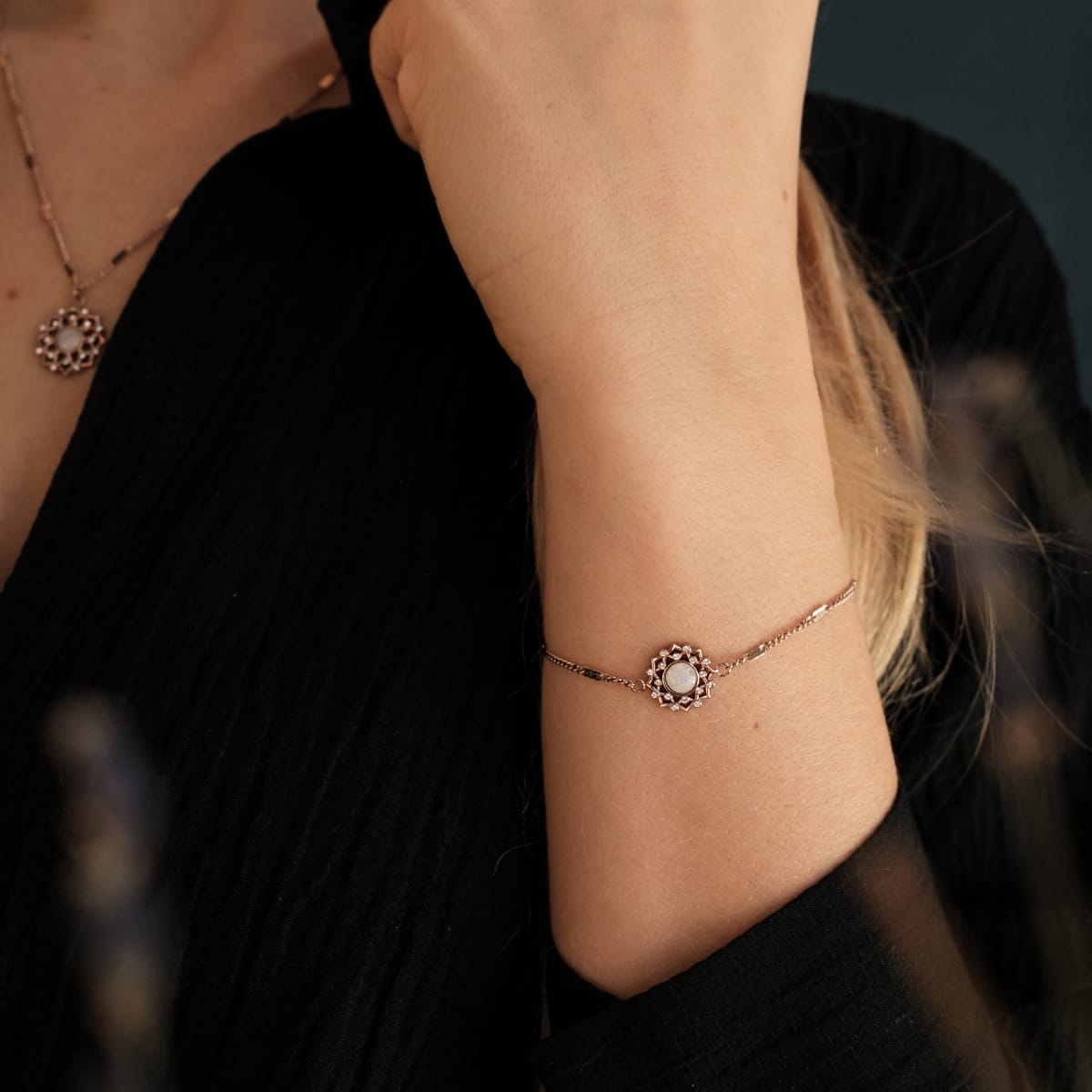 "Composition Gem Bracelet", a delicate moonstone and rose gold bracelet, exudes elegance and sophistication.