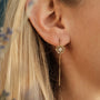 "Composition Gem Earrings": Elegant gold earrings featuring moonstone and intricate design.