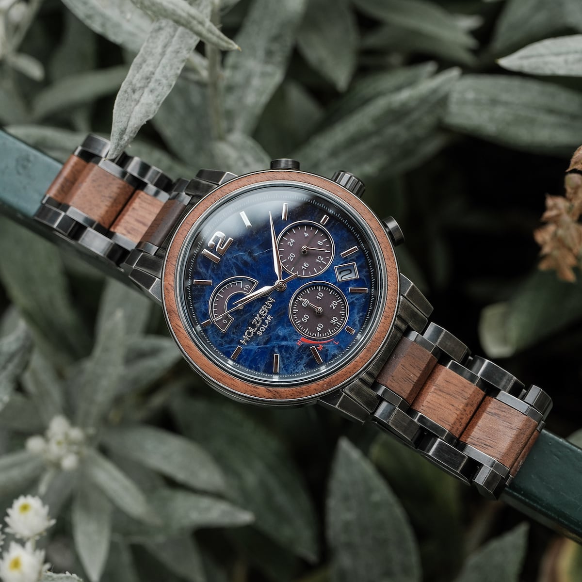 "Syntonize" watch, featuring a classic design with a sodalite blue face and walnut accents.
