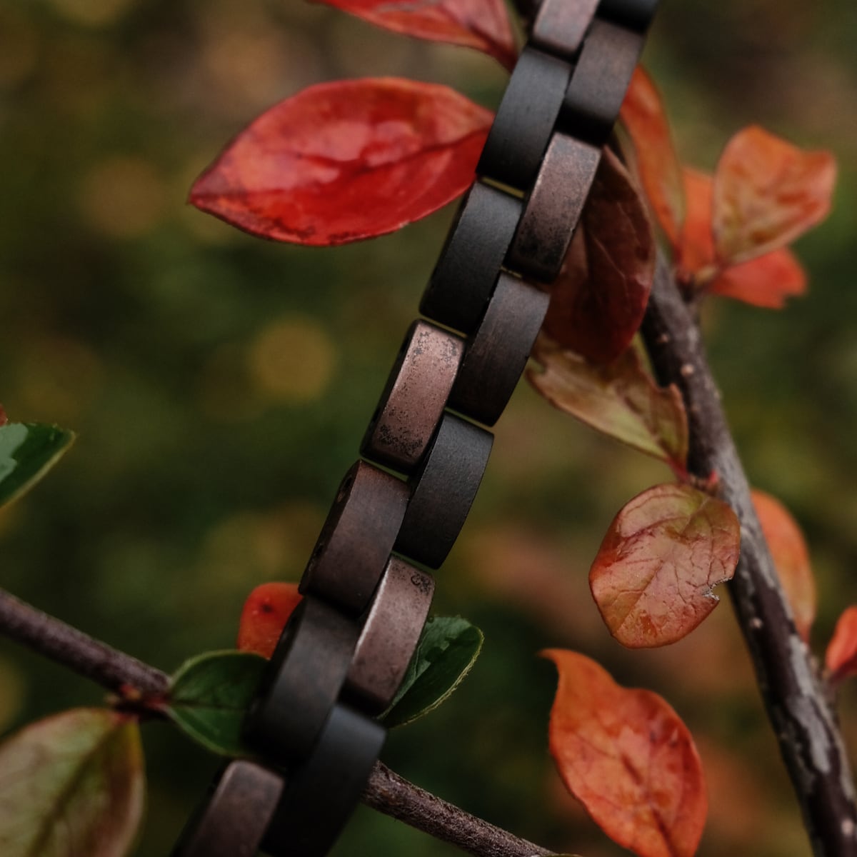 Bracciale "Rondo" con acero e elementi in rame antico, presentato contro foglie autunnali per uno stile rustico.