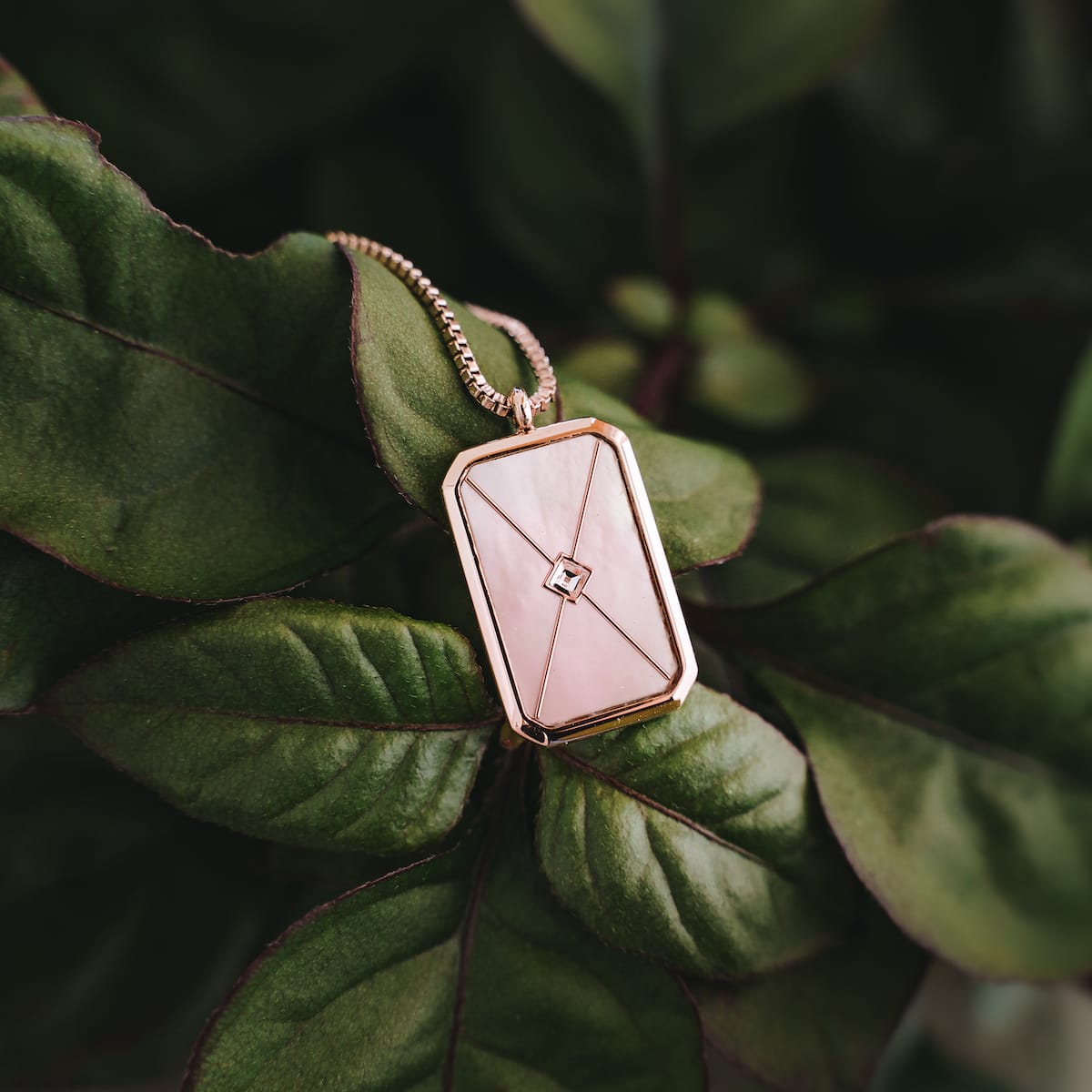 "Aquarell Necklace", a rectangular necklace with nacre and rose gold details, displayed on lush green leaves.