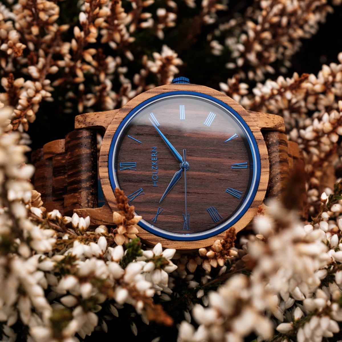 "Fall Morning" watch featuring Zebrawood and Wenge materials with a natural, rustic style encircled by delicate foliage.