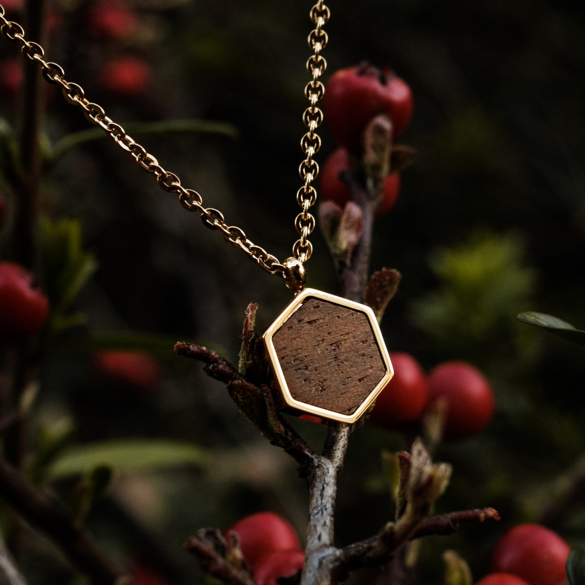 Collana "Facade" in noce e oro, con un ciondolo in legno esagonale con sfondo ispirato alla natura.
