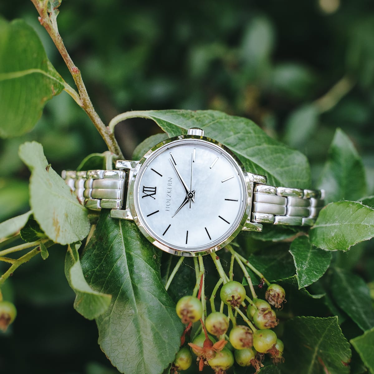 "Skadi", elegant watch with nacre and silver design, displayed among lush green leaves.
