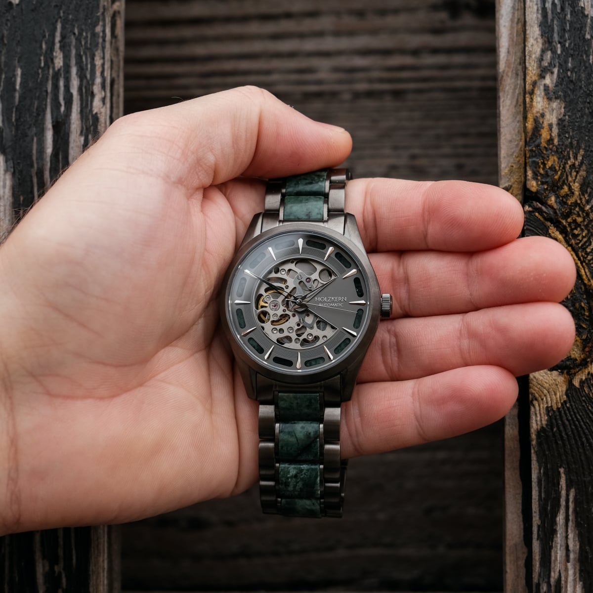 "Acraman" watch featuring a marble and dark grey design with a modern, intricate dial.