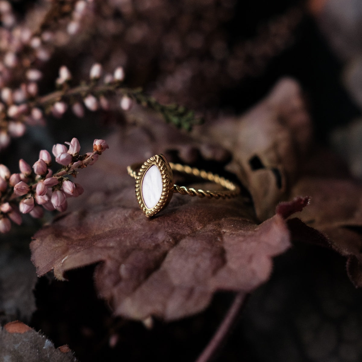 "Anello Visuale": un anello in oro e bianco con un design elegante e intricato.