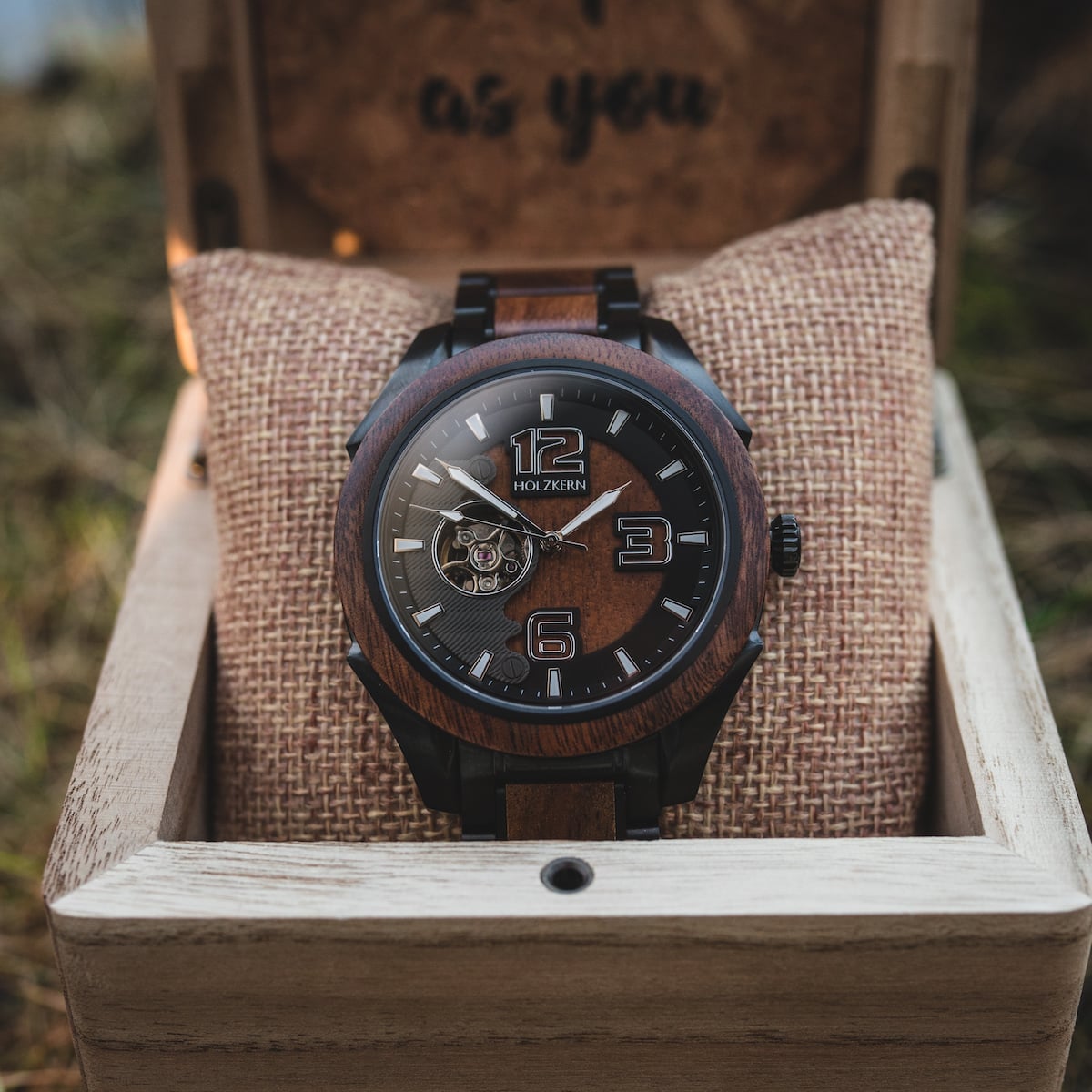 "Albert watch featuring acacia wood design and steel accents in an elegant presentation box."