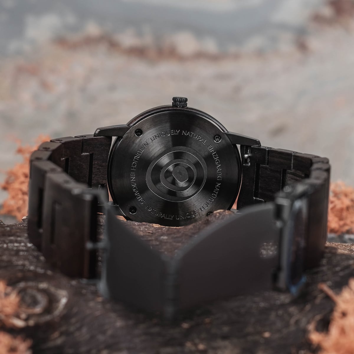 "Carlos", wooden watch in Maple/Maple with a natural, rustic design and engraved back, featuring a dark wood band.