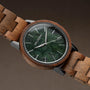 "Bob, a stylish wooden watch with a green marble dial, showcasing a blend of natural elegance and craftsmanship."